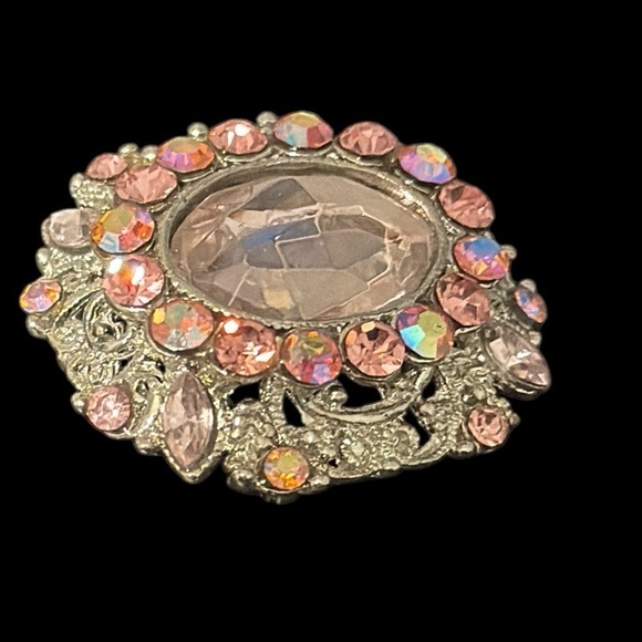 Silvertone brooch pin clear and pink rhinestones, glass costume fashion estate - Picture 2 of 10